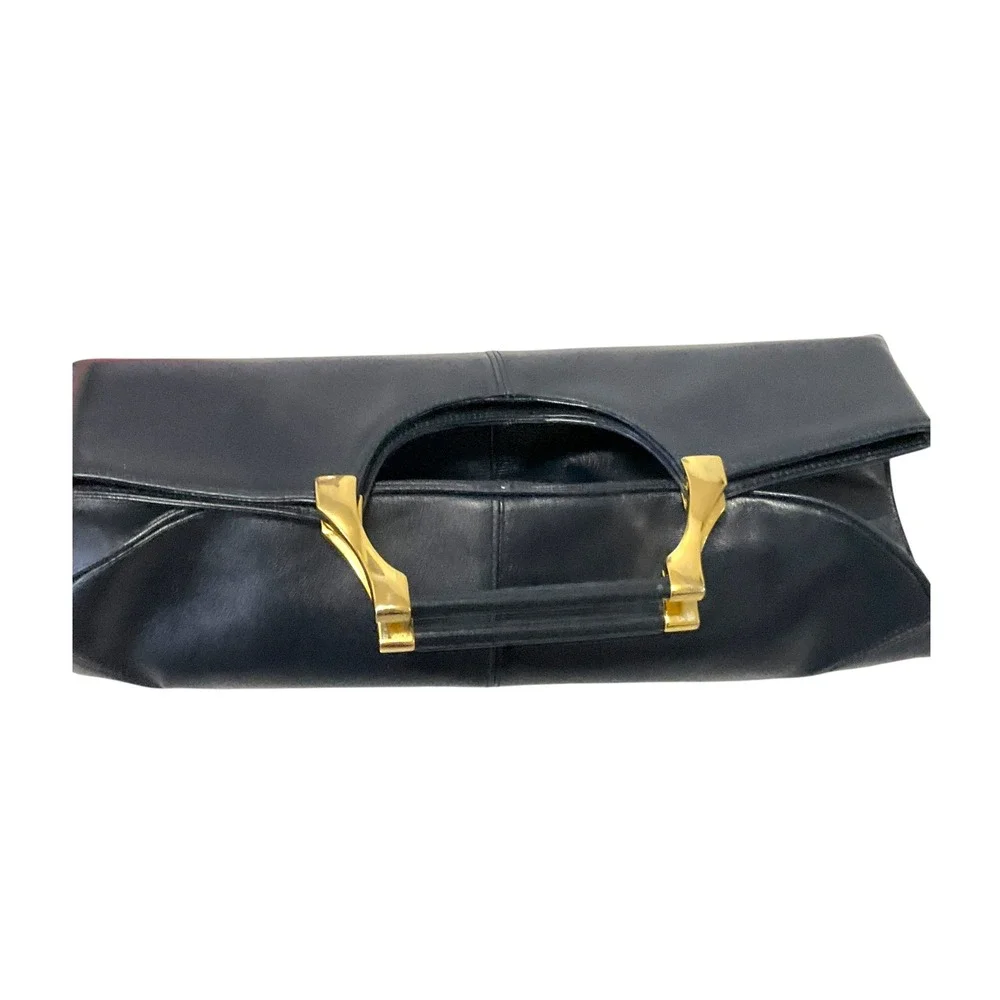 Vintage Style Black Leather Convertible Tote Oversized Clutch‎ Gold Hardware